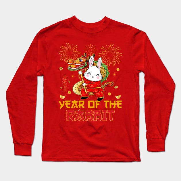 Chinese New Year 2023 Dabbing Rabbit Fireworks New Year Eve Long Sleeve T-Shirt by Sandra Holloman